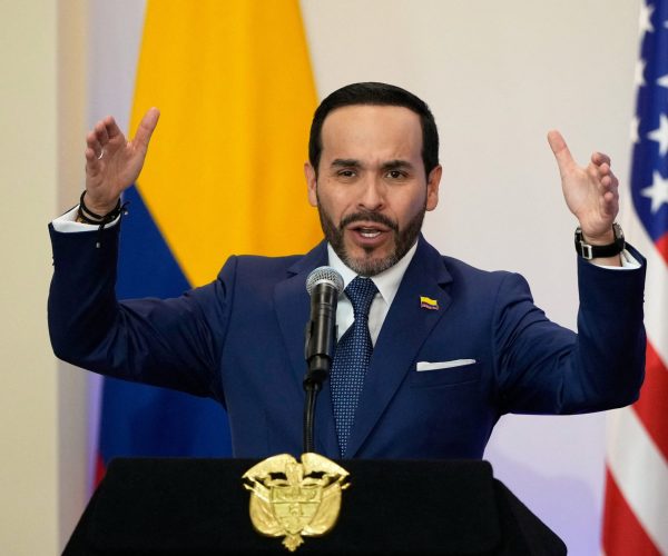 Colombian President Abelardo De La Espriella speaks during a bilateral agreements signing ceremony with U.S. Secretary of State Marco Rubio, in Barranquilla, Colombia, September 8, 2026.     Fernando Vergara/Pool via REUTERS