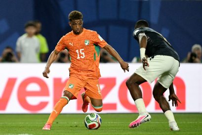 Ivory Coast's forward #15 Amad Diallo runs with the ball during the 2026 World Cup Group E football match between Ivory Coast and Ecuador at the Philadelphia Stadium in Philadelphia on June 14, 2026.  (Photo by MAURO PIMENTEL / AFP)