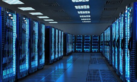Server racks with telecommunication equipment in server room