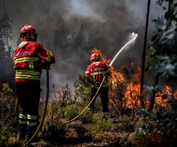 TOPSHOT - Firefighters battle a wildfire in Carrascal, Proenca a Nova on August 6, 2023. More than 1,000 firefighters battled a wildfire in central Portugal today as officials warned that thousands of hectares were at risk amid soaring temperatures across the country. (Photo by Patricia DE MELO MOREIRA / AFP)